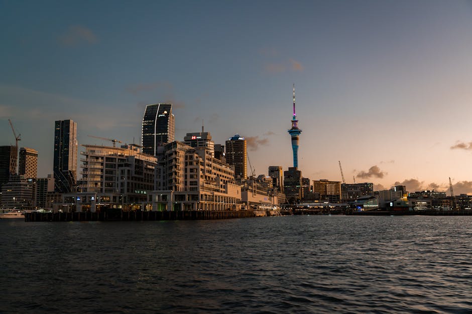 Auckland skyline with Sky Tower at dusk, New Zealand