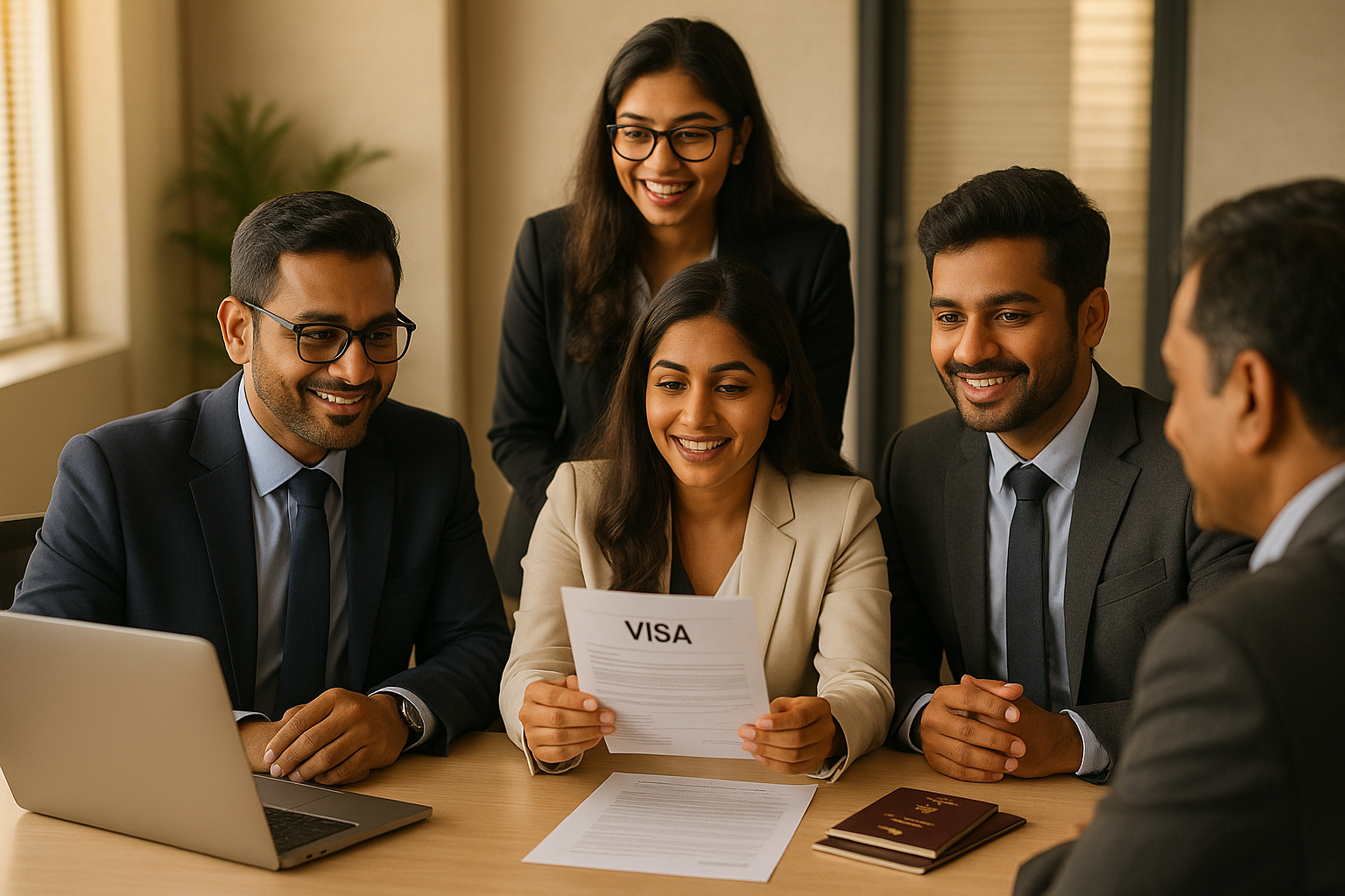 Indian migration consultants reviewing visa documents with a client in a modern office